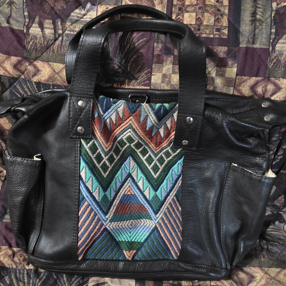 Nena & Co. Black Leather Tote with Vibrant Geometric Design